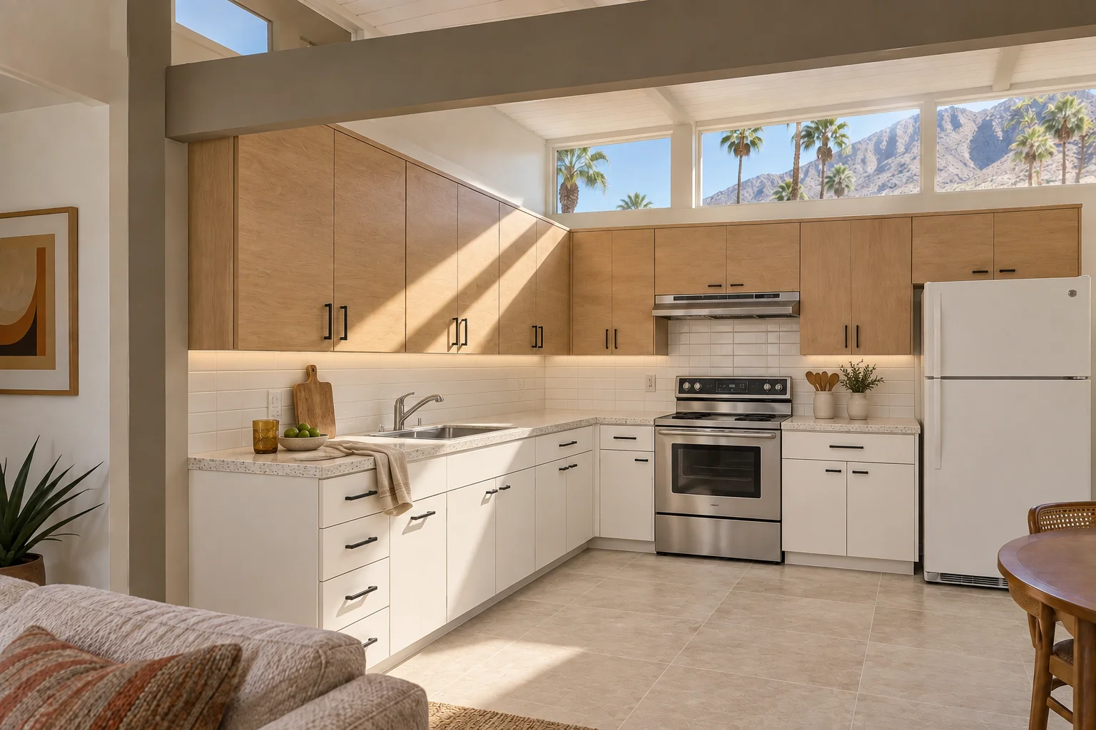 Remodeled desert modern kitchen with white oak upper cabinets, chalk white lower cabinets and terrazzo look quartz counters