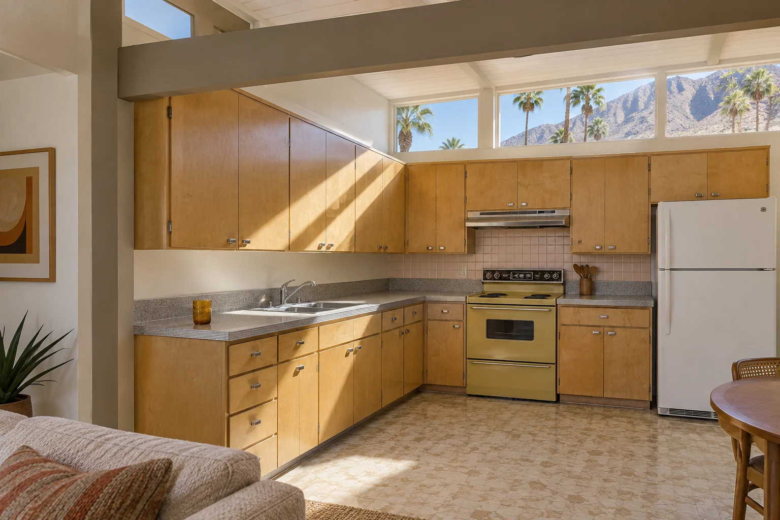 Dated 1960s desert modern kitchen with birch flat-slab cabinets, gray laminate counters and a harvest gold range