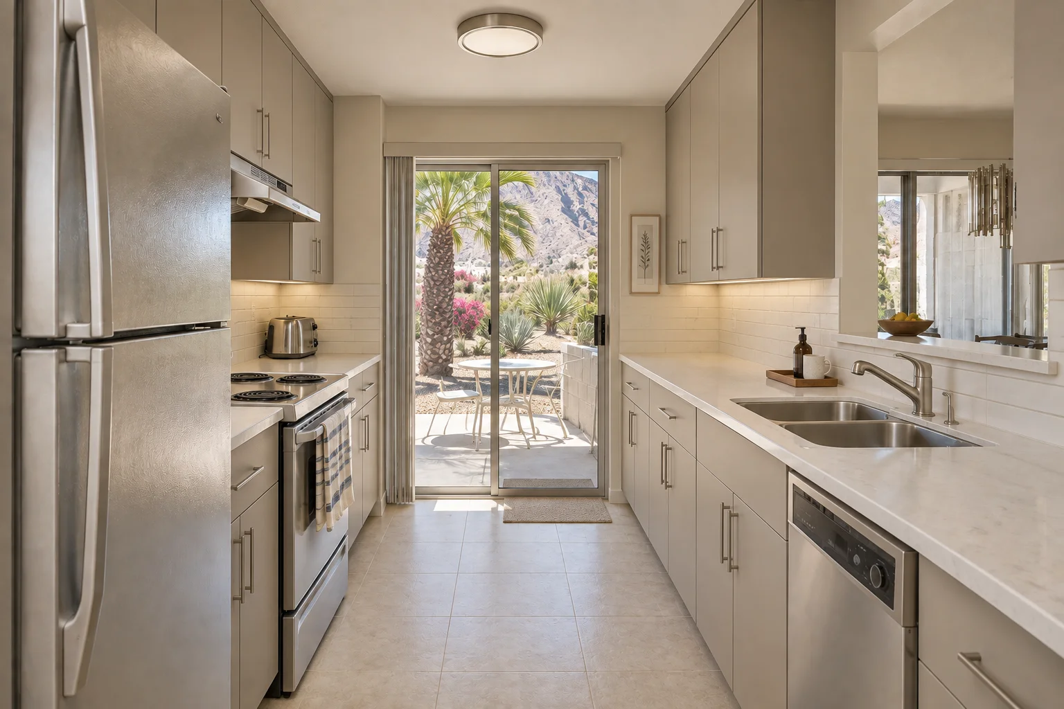 Remodeled galley kitchen with greige flat panel cabinets, light quartz counters, a stacked white tile backsplash and stainless appliances