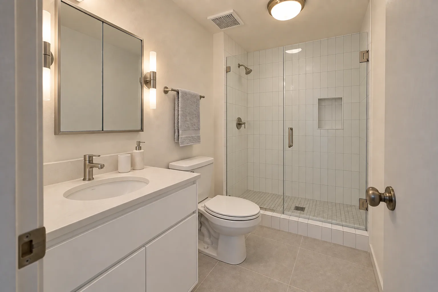Remodeled condo three-quarter bathroom with a white flat-panel vanity, a framed medicine cabinet, wall sconces and a frameless glass shower in white square tile with a niche