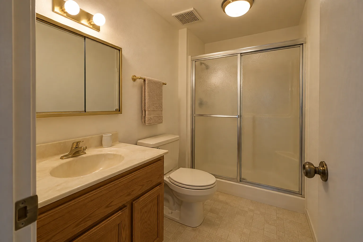 Dated condo bathroom with an oak vanity, cultured marble top, brass light bar and a framed sliding door on a fiberglass shower stall