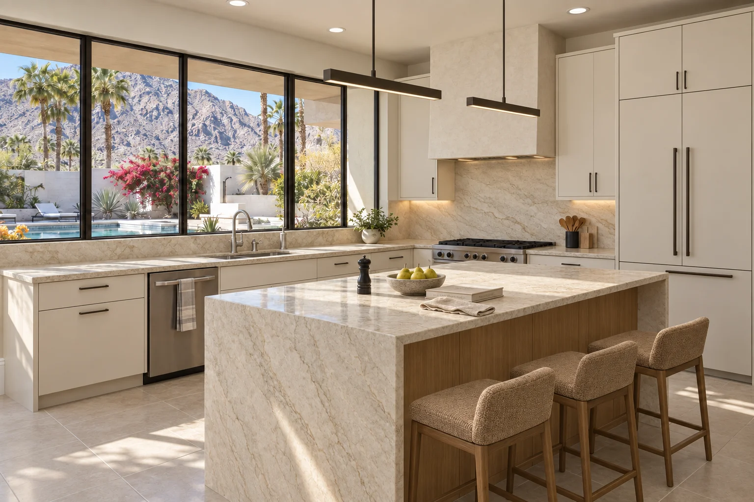 Remodeled desert contemporary kitchen with an oak island, honed ivory quartzite counters with a waterfall end and a matching slab backsplash
