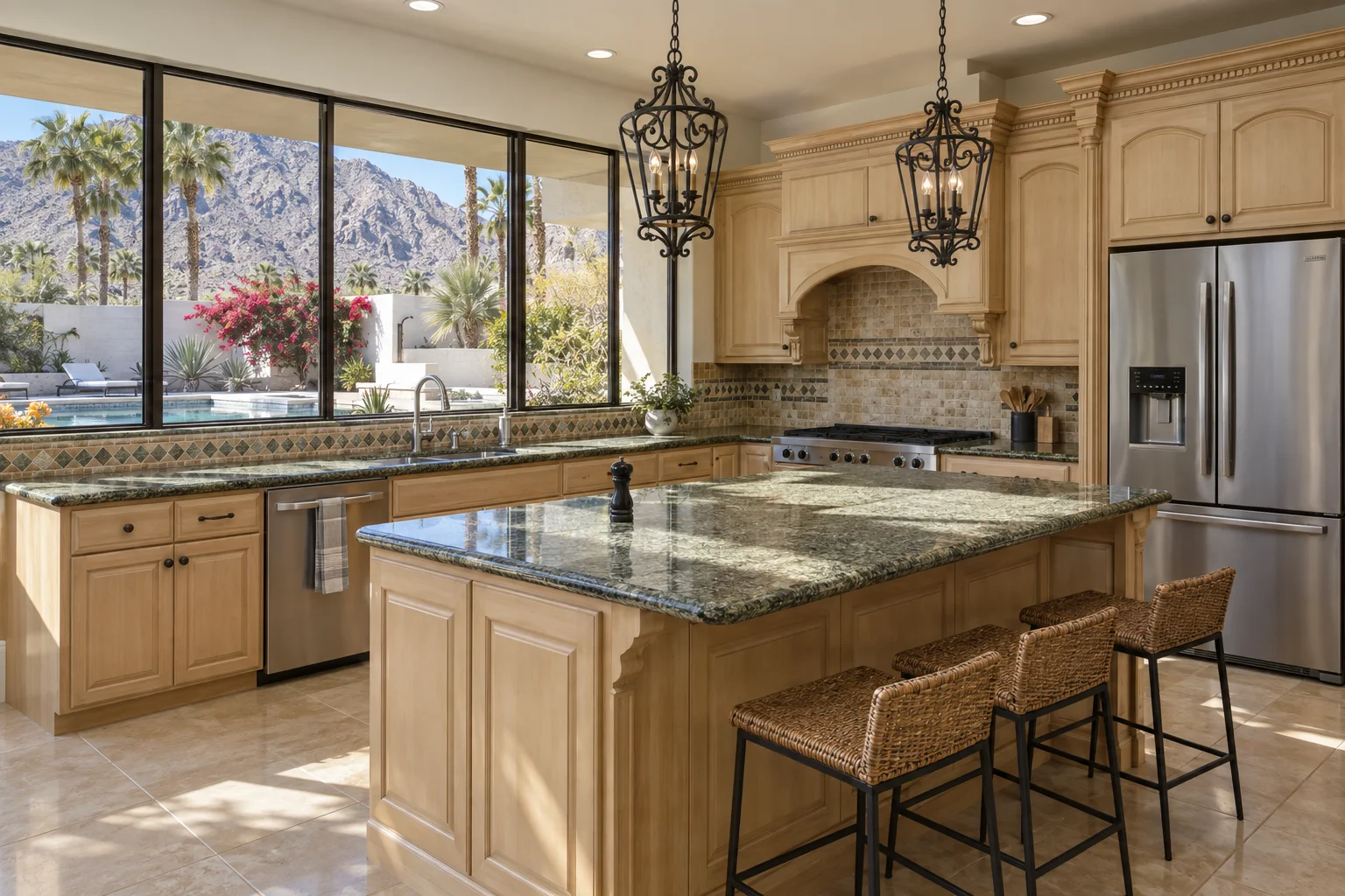 Large 1990s desert kitchen with bleached maple cabinets, green speckled granite counters, a mosaic tile backsplash and wrought iron pendants
