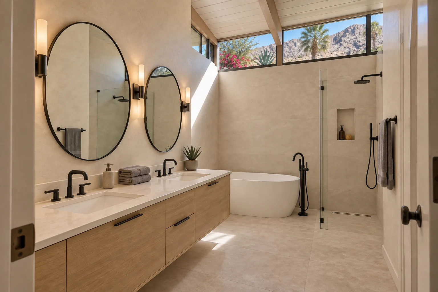 Remodeled desert modern primary bathroom with a floating white oak double vanity, round black-framed mirrors, a freestanding tub and a curbless glass shower under clerestory windows
