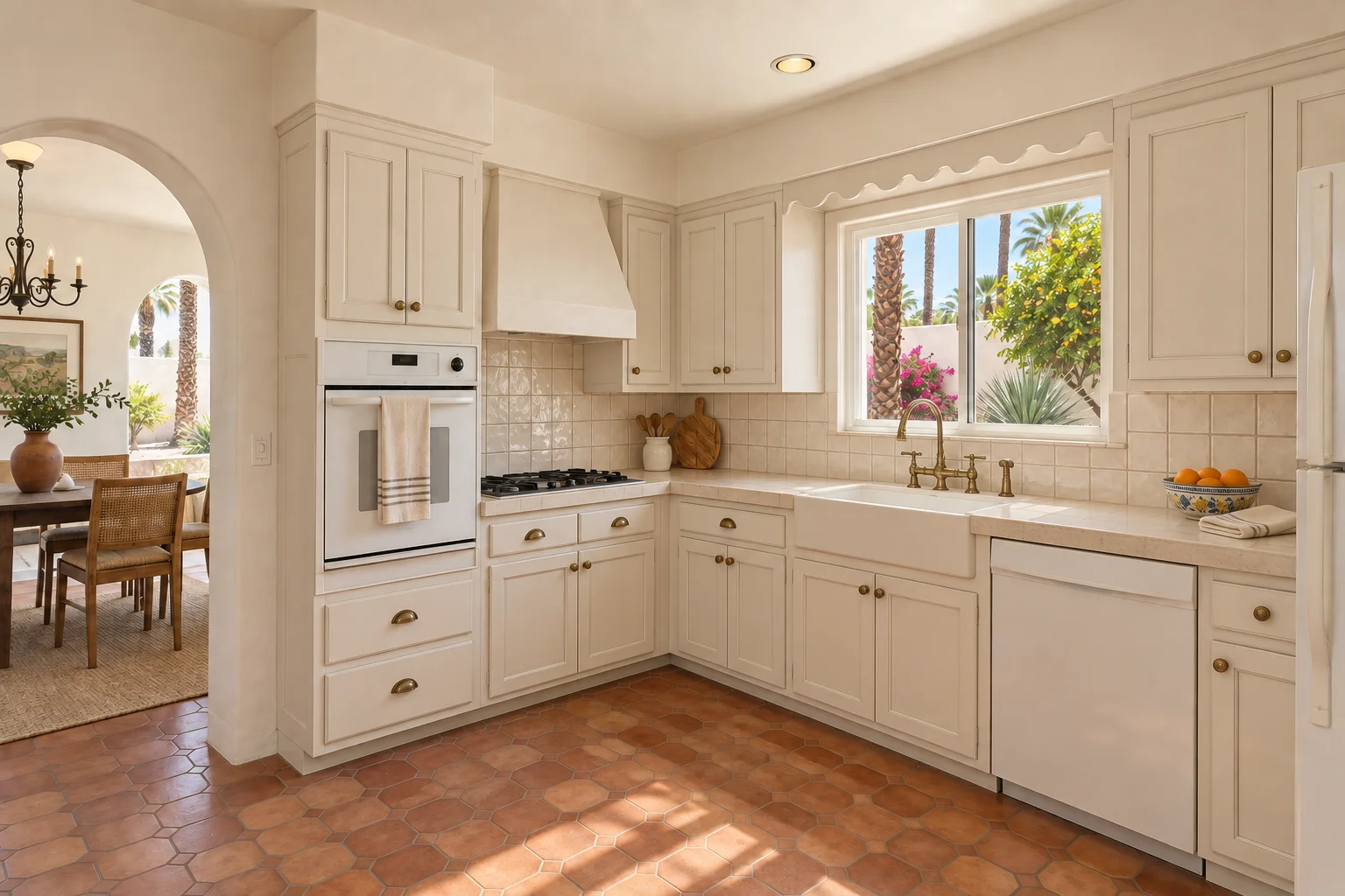 Remodeled hacienda kitchen with cream painted cabinets, warm beige quartz counters, an ivory handmade look tile backsplash and a plaster hood