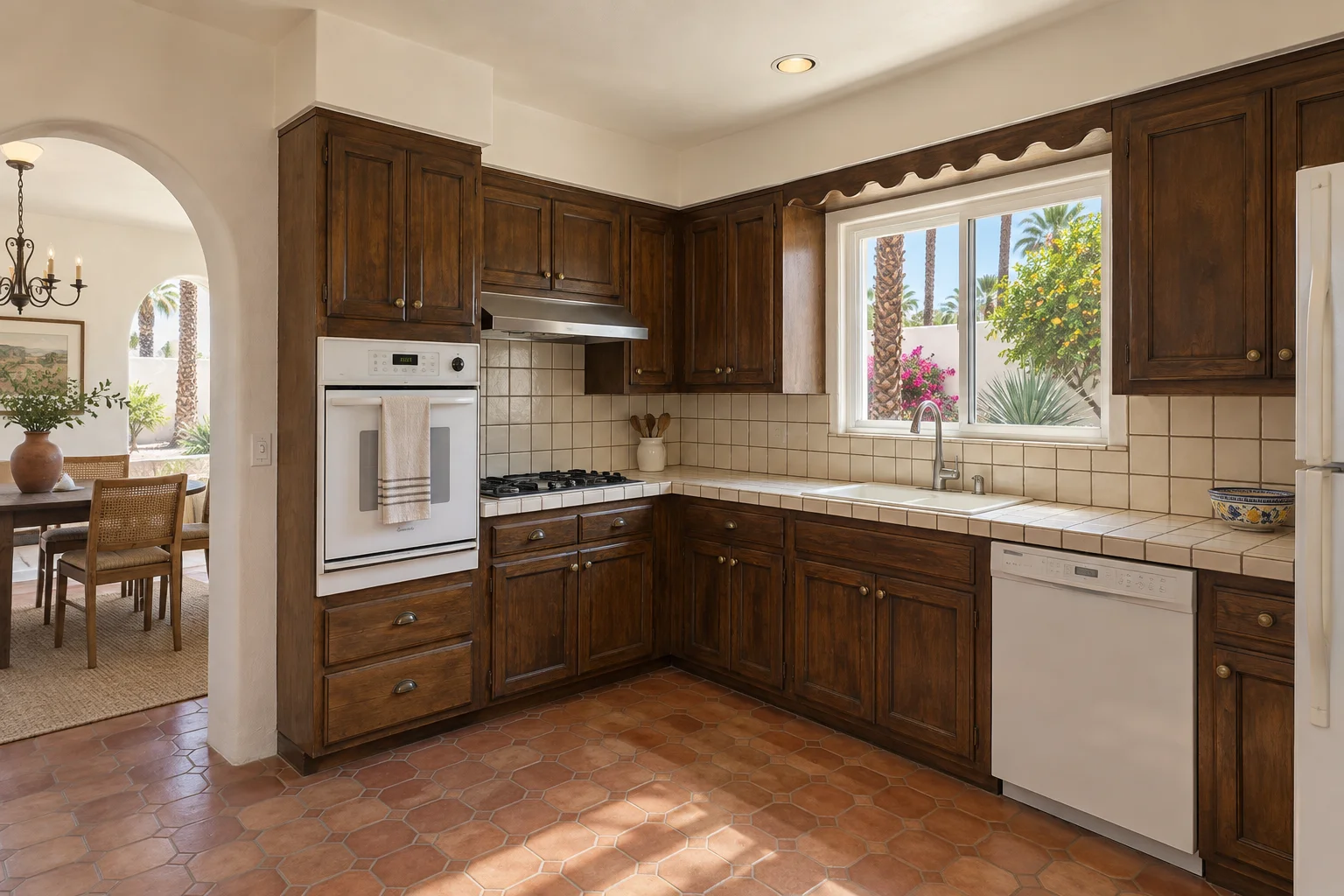 Spanish style Palm Springs kitchen with dark stained oak cabinets, cream tile countertops and a plaster arched opening to the dining room