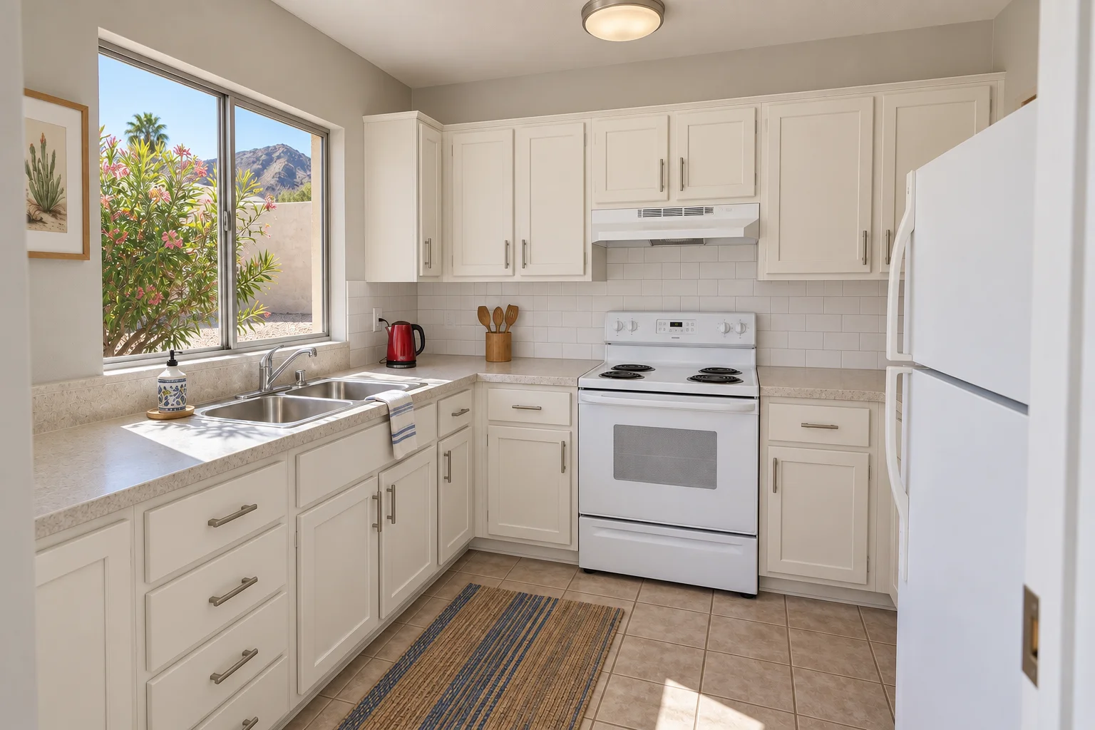 Refreshed kitchen with the same cabinet boxes repainted off white, brushed nickel bar pulls, stone look counters and a white subway tile backsplash