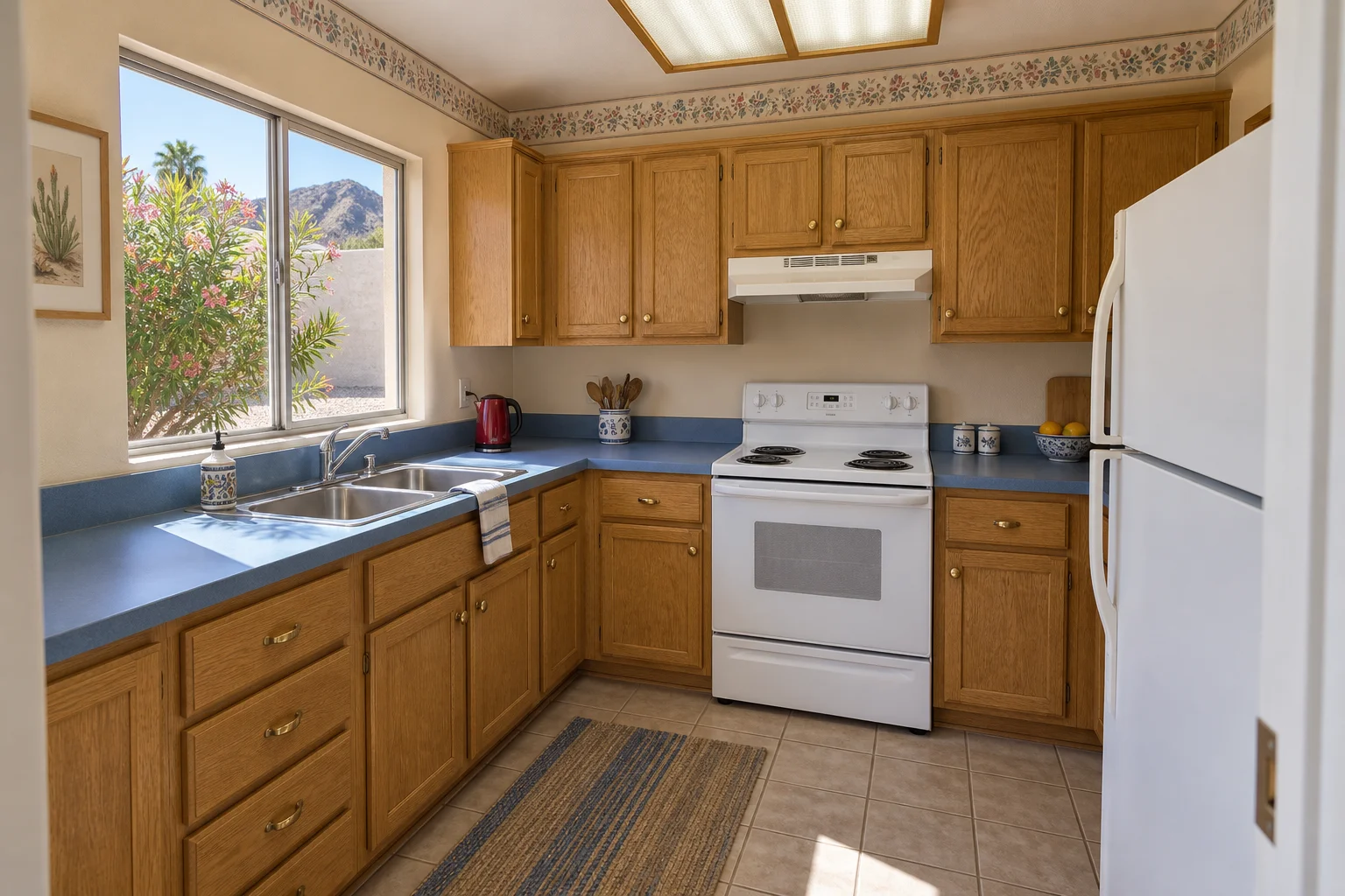 Dated rental kitchen with golden oak cabinets, blue laminate counters, a floral wallpaper border and a fluorescent ceiling box